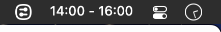 A screenshot of the Mac menu bar with a time range of 14:00 - 16:00. On the right is an analog clock, showing approximately 2:25