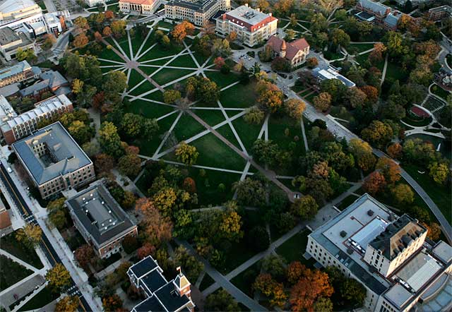 An aerial view of the OSU Oval showing a seemingly-random criss-crossed set of paved walking paths