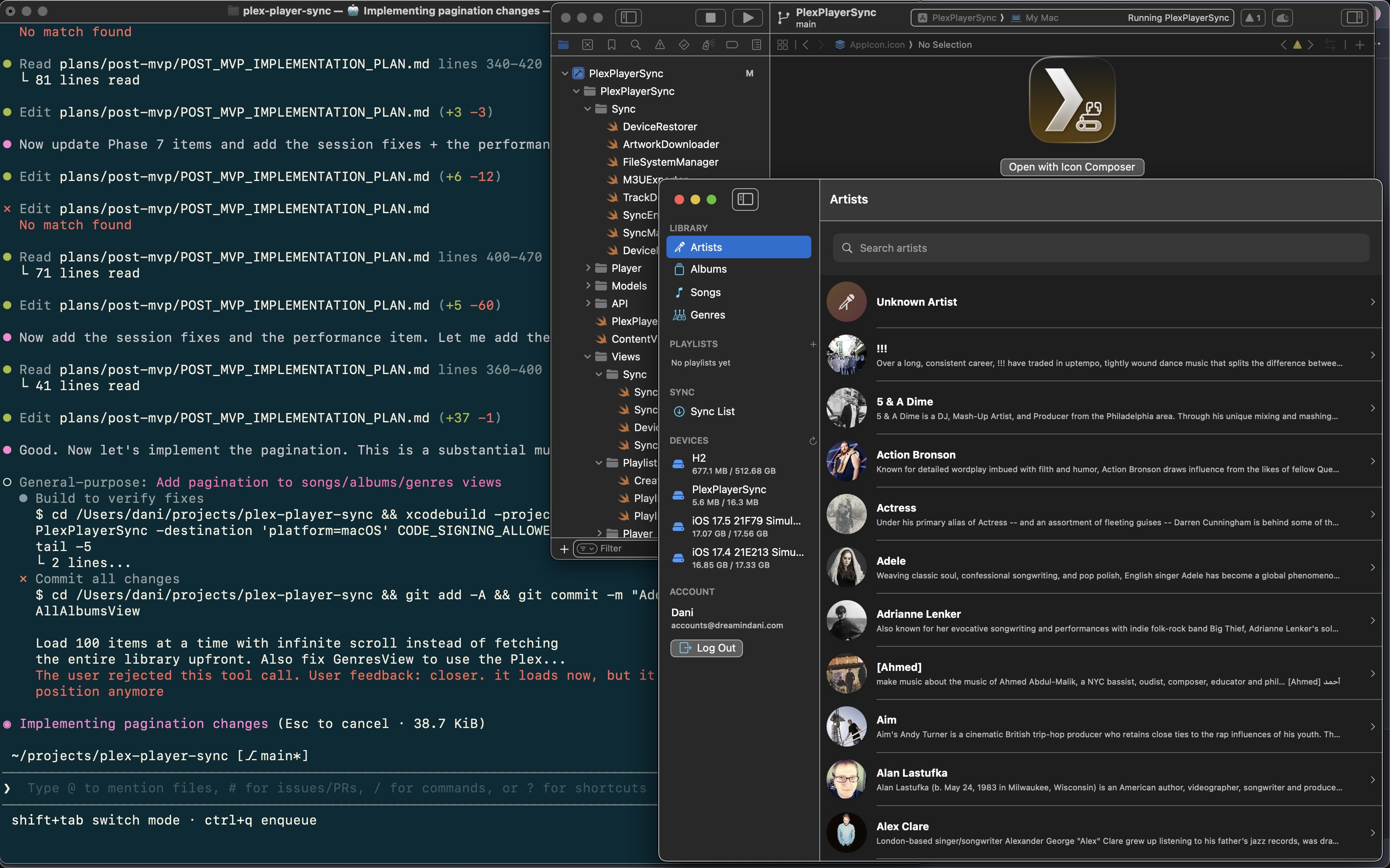 A screenshot of a terminal with an instance of XCode and a custom mac os over it. The mac app looks like a media player with a sidebar to organize a music library and sync to devices